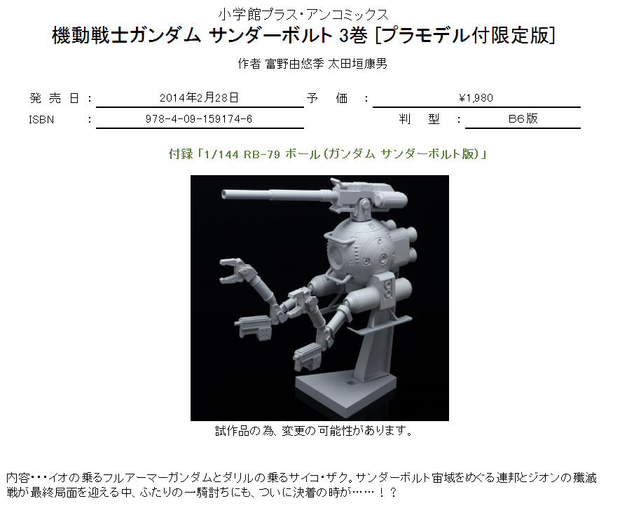 小學館14年2月28日發售 漫畫 Gundam Thunderbolt 單行本 第3期 限定版附有模型 Hg 1 144 Rb 79 Ball Gundam Thunderbolt版 1 980yen連稅 hobby Com