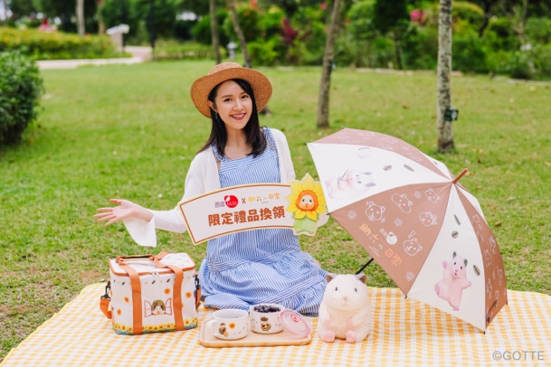 A person sitting on a blanket with an umbrella and a cat
Description automatically generated