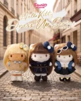 A group of stuffed dolls on a brick street Description automatically generated